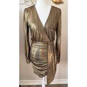 Entry Bronze Metallic Faux Wrap Mini Dress Long Sleeve Ruched Size Small